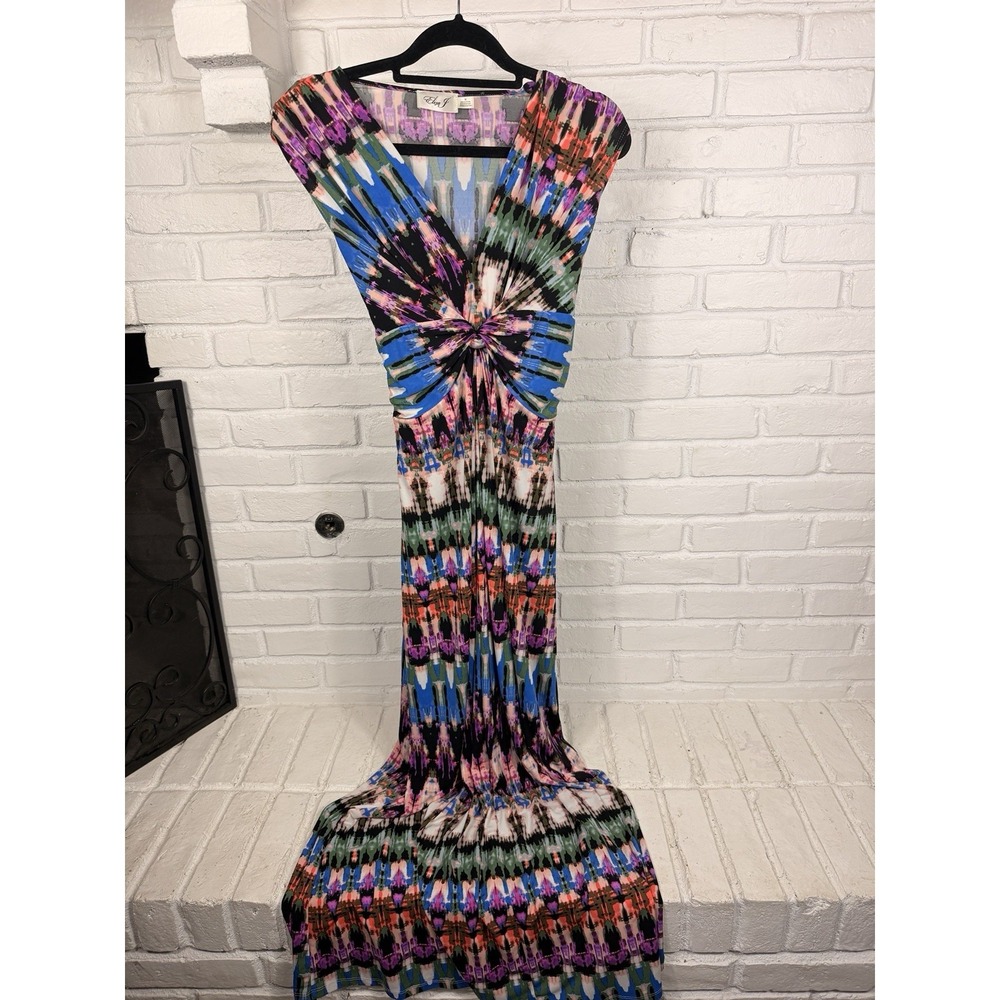 Eliza J Maxi Dress Size 10 Multicolor Ikat Abstract Twist Front‎ V Neck Boho